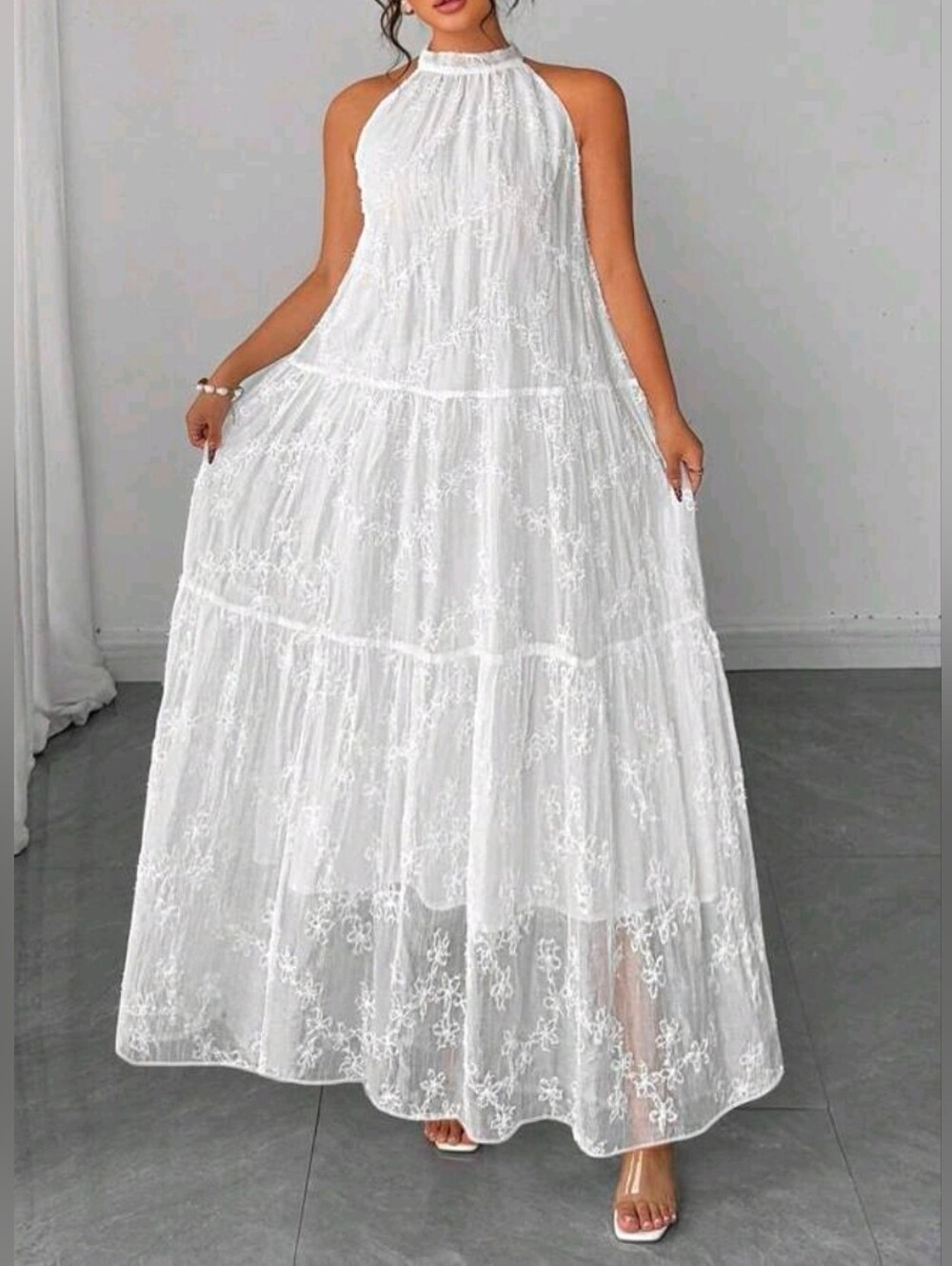 New Boho Lace Tie Neck Halter Tiered Loose Maxi Dress PLUS Sleeveless White - Picture 2 of 9